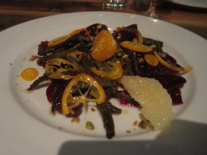 Oenotri, Napa: Beets with Citrus, Wood Oven Roasted Young Fava Beans, Sunflower Sprouts, and Pistachios
